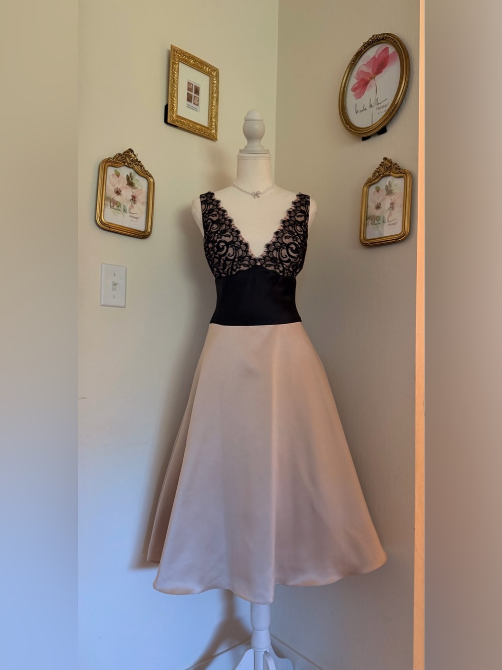 Laundry By Shelli Segal Black Lace Bodice Blush Midi Dress /Vintage - Picture 2 of 10